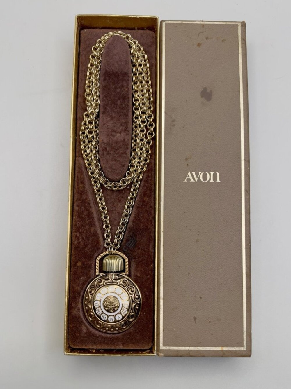 VTG 1970s Avon Moonwind Perfume Bottle Necklace Pocket Watch Pendant Victorian